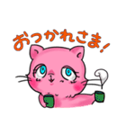 ネコ＋タレ目【ピンク】（個別スタンプ：1）